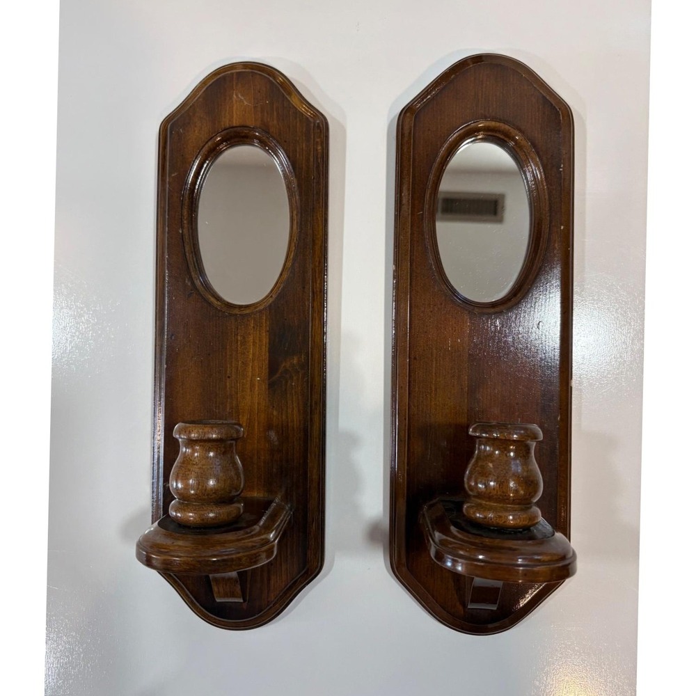 Vintage Wooden Wall Sconce Pair Oval Mirror Dark Oak Finish Candle Holder